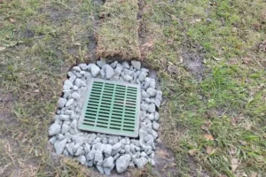 Green catch basin grate set in a ring of gravel in a lawn, Bradenton